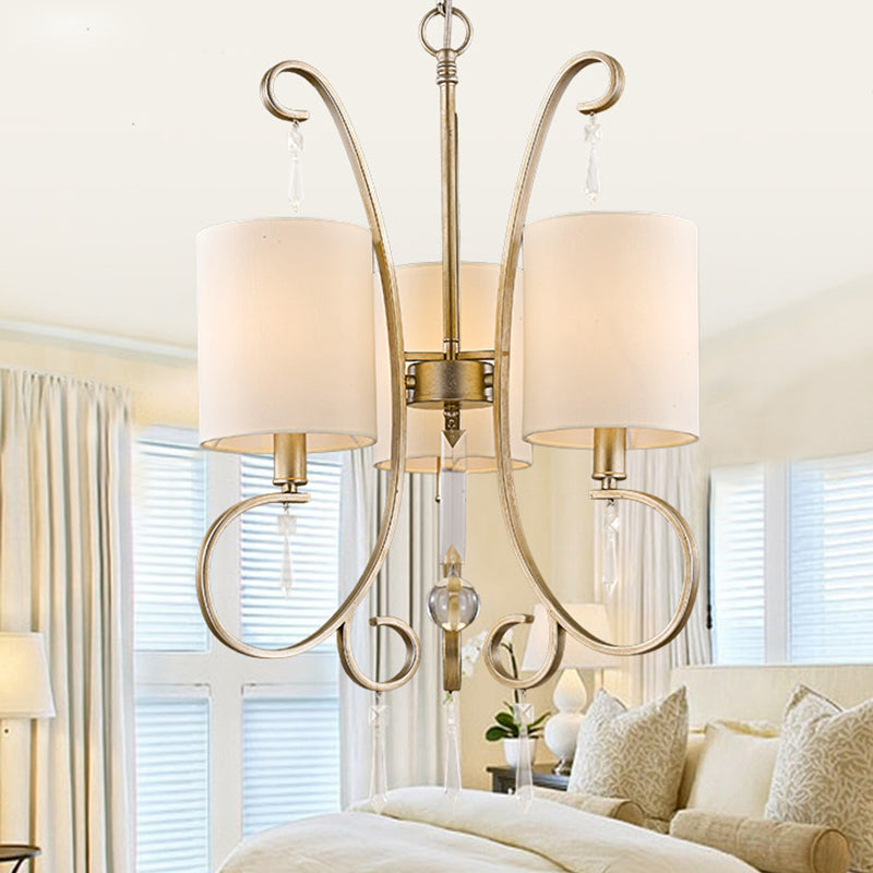 Traditional Gold Cylinder Chandelier: Fabric 3-Bulb Bedroom Hanging Lamp With Metal And Crystal