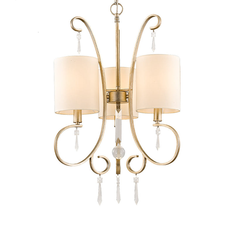 Traditional Gold Cylinder Chandelier: Fabric 3-Bulb Bedroom Hanging Lamp With Metal And Crystal