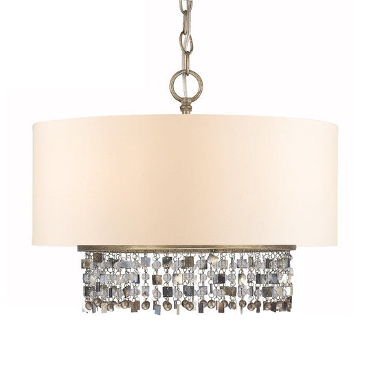 White Fabric Ceiling Chandelier Drum Shade Pendant Light - 5-Light Fixture With Crystal Droplet