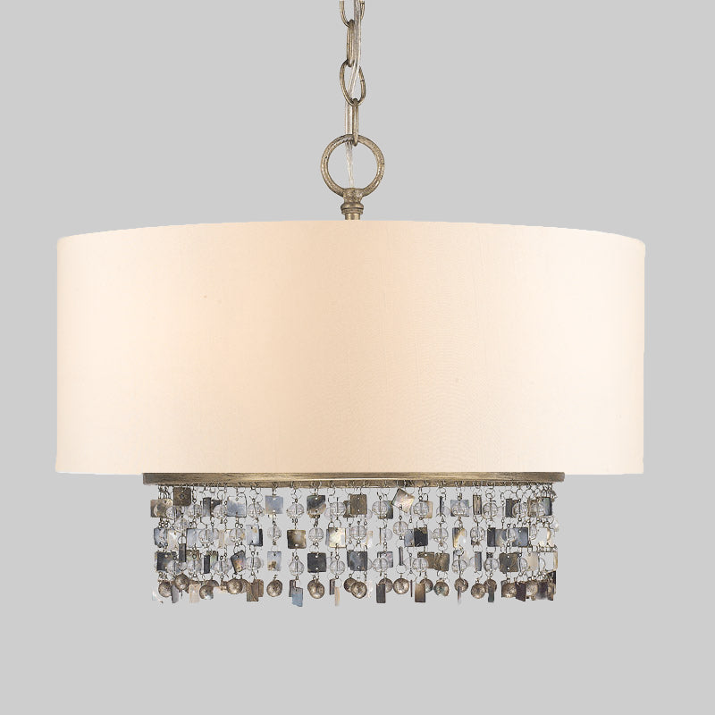 White Fabric Ceiling Chandelier Drum Shade Pendant Light - 5-Light Fixture With Crystal Droplet