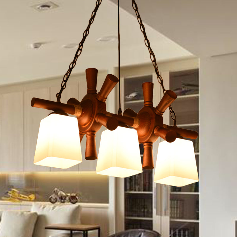 Countryside Island Pendant Light With Wooden Rudder Deco - White Glass & Brown Trapezoid Style 3