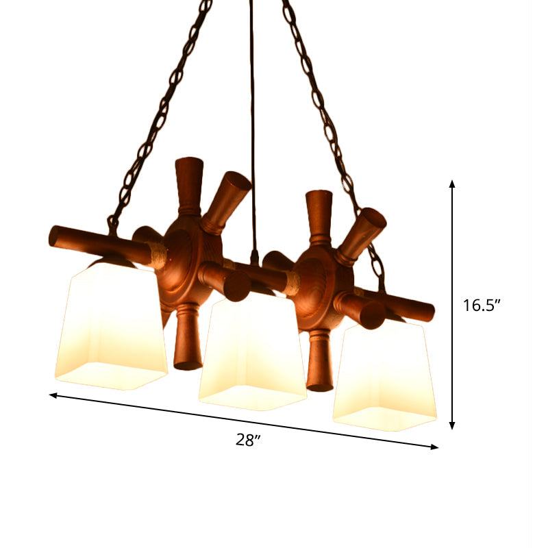 Countryside Island Pendant Light With Wooden Rudder Deco - White Glass & Brown Trapezoid Style 3