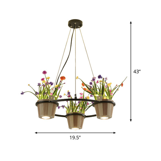 Industrial Wooden Ceiling Chandelier - Round Pendant with Potted Plant in Black, 3/6/9 Lights