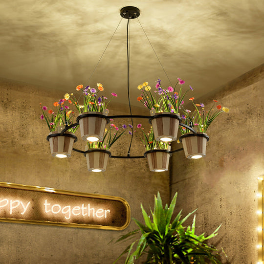 Industrial Wooden Ceiling Chandelier - Round Pendant with Potted Plant in Black, 3/6/9 Lights