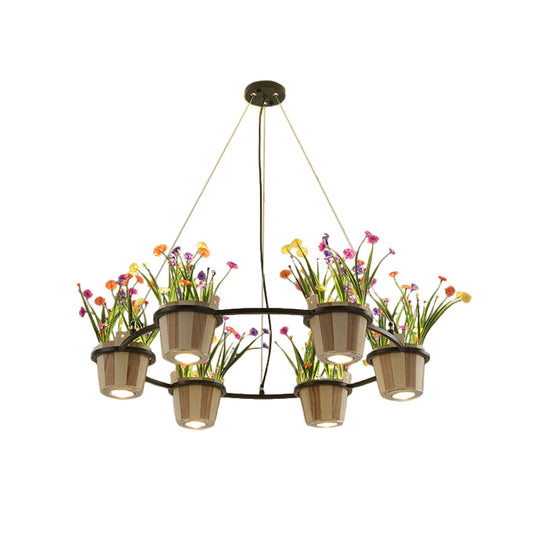 Industrial Wooden Round Ceiling Chandelier With 3/6/9 Black Pendant Lights And Potted Plant Décor