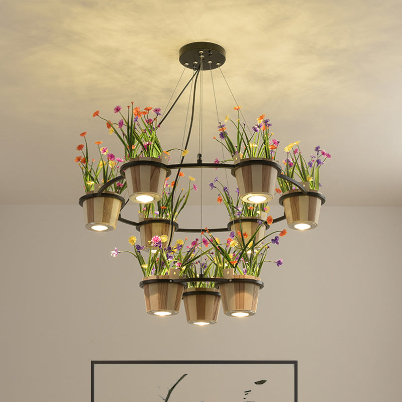 Industrial Wooden Round Ceiling Chandelier With 3/6/9 Black Pendant Lights And Potted Plant Décor
