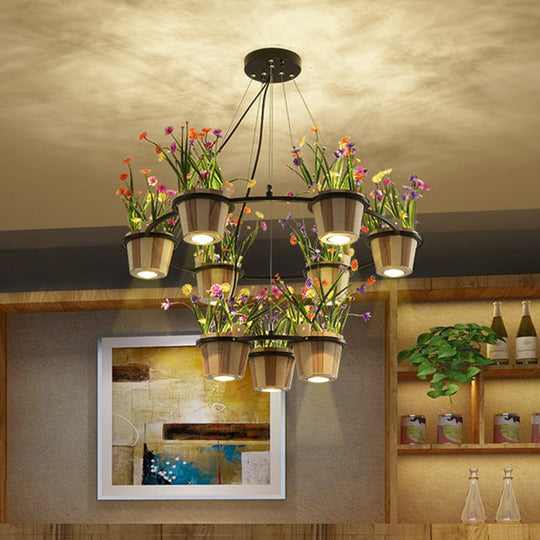 Industrial Wooden Round Ceiling Chandelier With 3/6/9 Black Pendant Lights And Potted Plant Décor 9