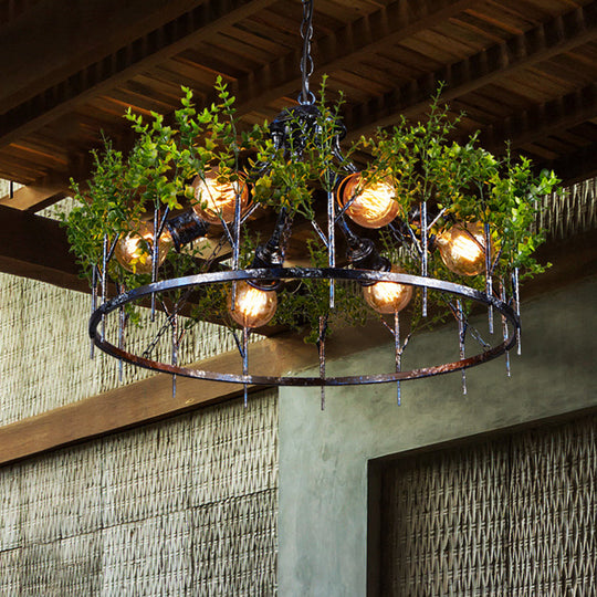 Industrial Style 6-Light Nickel Chandelier with Circular Iron Frame and Plant Design