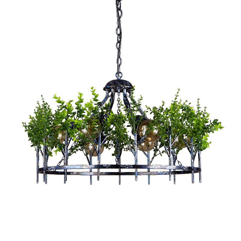 Industrial Style 6-Light Nickel Chandelier with Circular Iron Frame and Plant Design