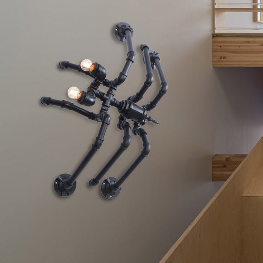 Antique Style Black Spider Wall Lamp: Metallic Water Pipe Design 2 Bulbs For Stairway