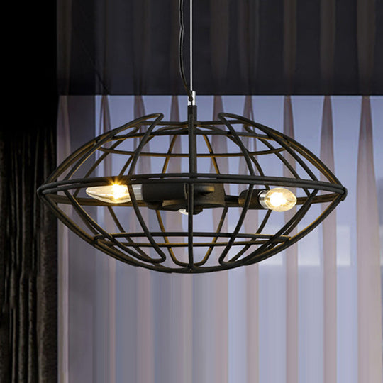 Metal Black Chandelier Light - Ufo Wire Cage 3 Bulb Factory Suspension Lighting For Restaurant