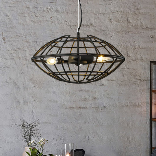 Metal Black Chandelier Light - Ufo Wire Cage 3 Bulb Factory Suspension Lighting For Restaurant