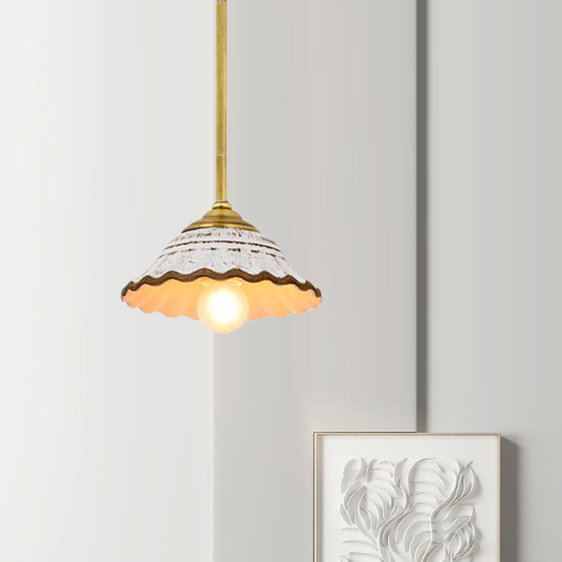 Ceramic Drop Pendant Light With Scalloped Trim In White - Bowl Shape Single Dining Room Pendulum