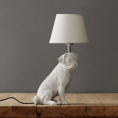 Modern White Dog Study Table Lamp With Fabric Shade / Pug - Standing
