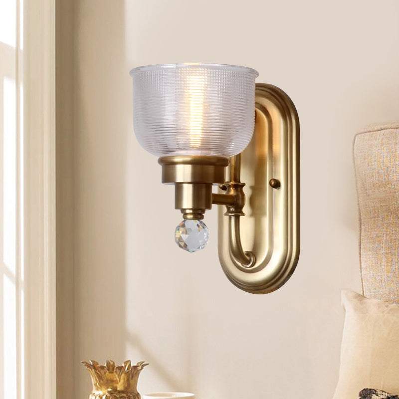 Ribbed Glass Gold Wall Lamp: Domed Colonial Light With Crystal Ball
