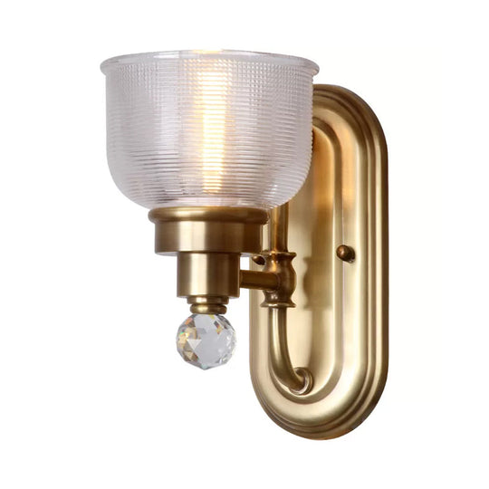 Ribbed Glass Gold Wall Lamp: Domed Colonial Light With Crystal Ball