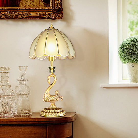 Colonial Style Scalloped Table Lamp With Metal Swan Design - White Glass Shade Gold Finish