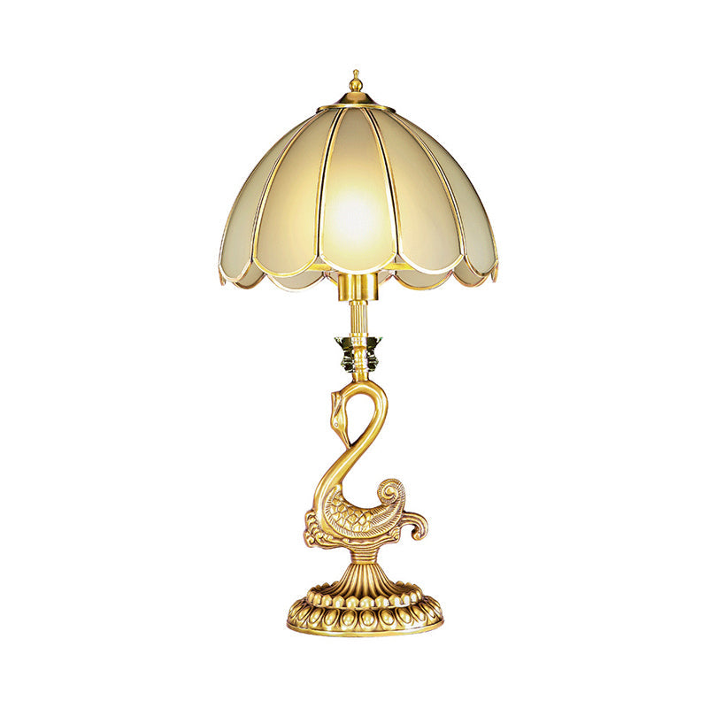 Colonial Style Scalloped Table Lamp With Metal Swan Design - White Glass Shade Gold Finish