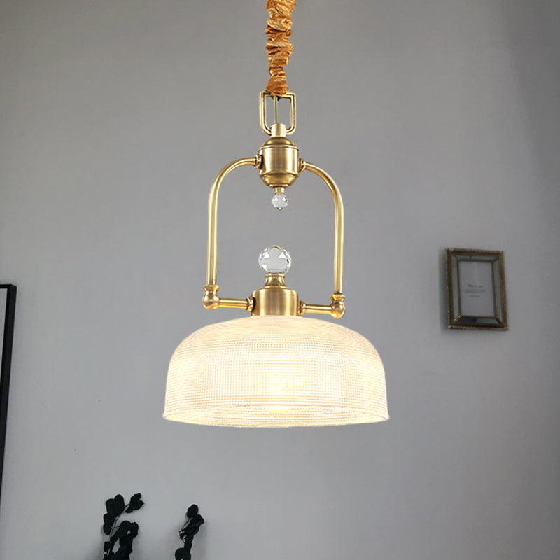Golden Traditional Pendant Light With Clear Prismatic Glass Shade And Metal Suspension
