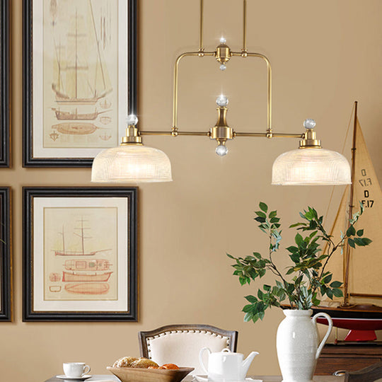 Country Style Gold Island Pendant With Clear Prismatic Glass And 2 Bulbs - Metal Hanging Light Kit