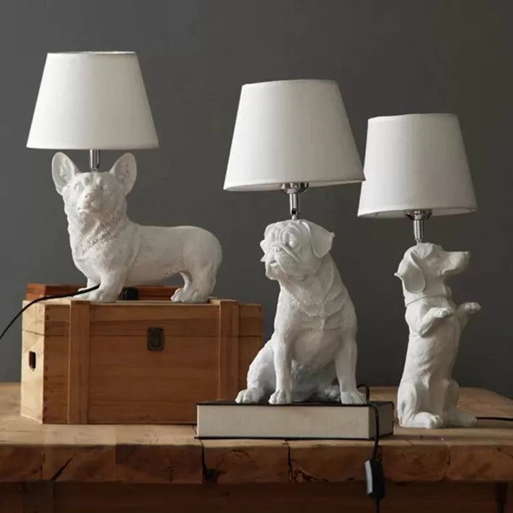 Modern White Dog Study Table Lamp With Fabric Shade
