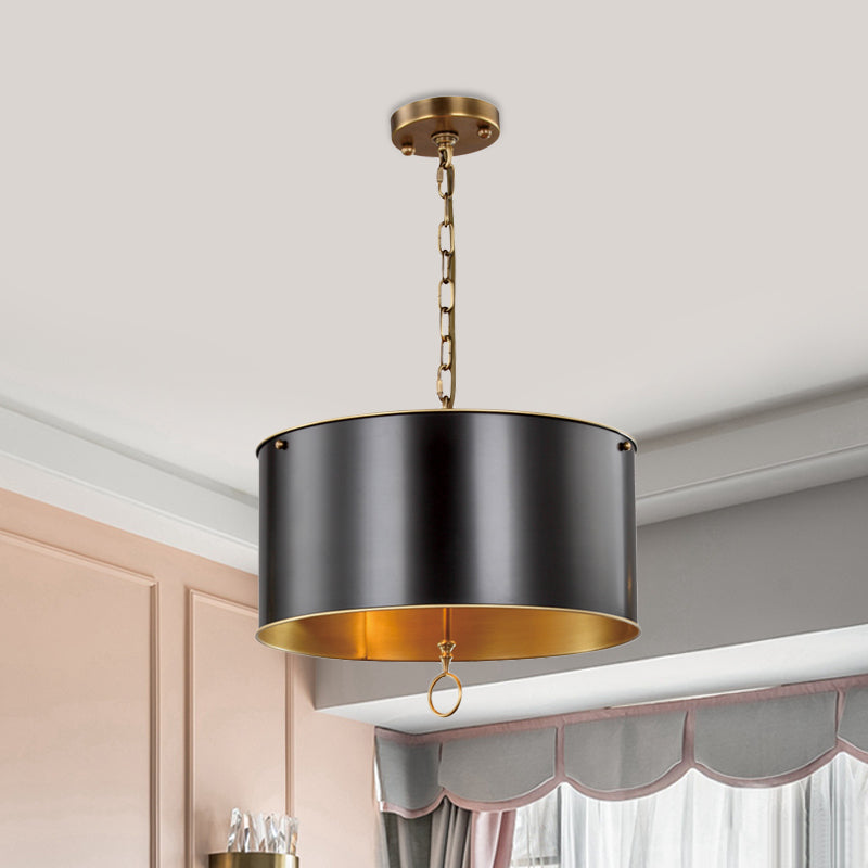 Black Pendant Light Kit With Metallic Drum Shade For Living Room - Traditional Hanging Lamp