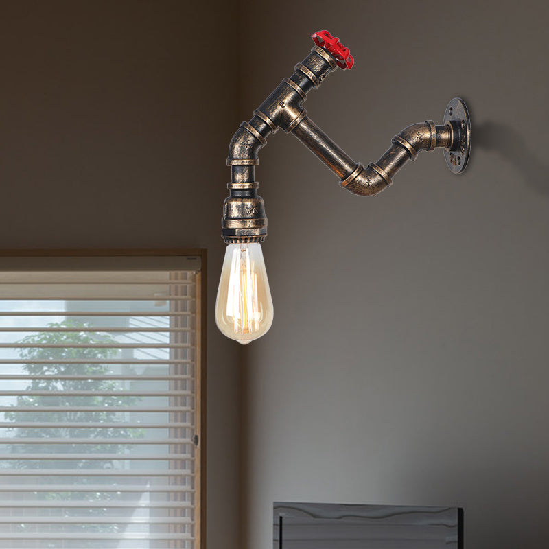 Iron Wall Lamp Industrial Style With Exposed Bulb & Red Valve - Aged Bronze Finish Antique