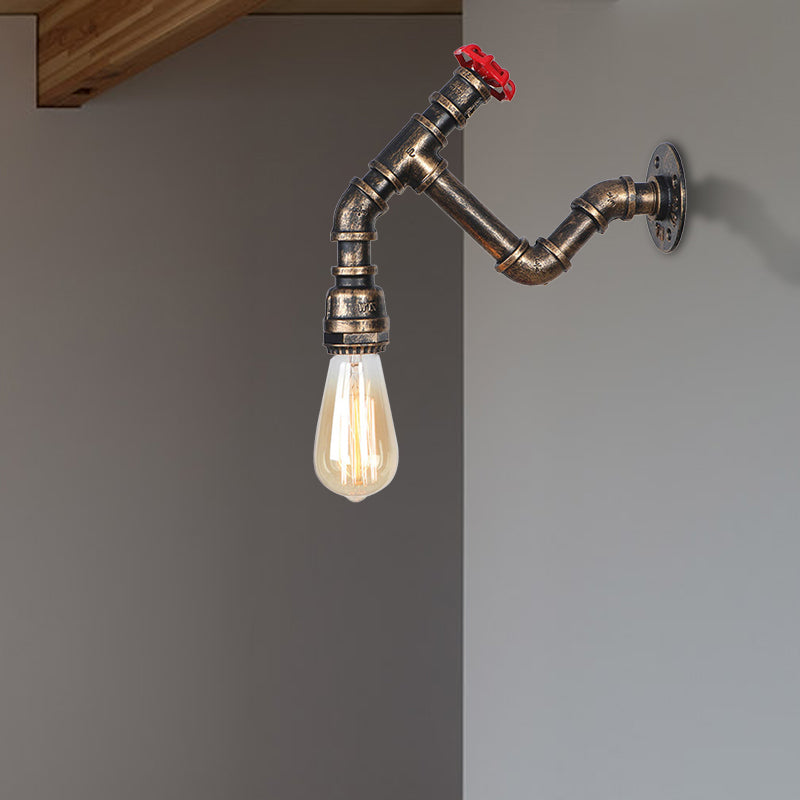 Iron Wall Lamp Industrial Style With Exposed Bulb & Red Valve - Aged Bronze Finish