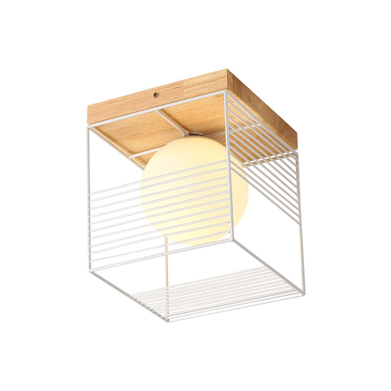 Minimalist Nordic Cage Ceiling Light With Glass Shade And Wood Canopy - Black/White Cubic Iron Flush