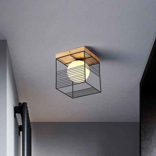 Minimalist Nordic Cage Ceiling Light with Glass Shade and Wood Canopy - Black/White Cubic Iron Flush Mount Lamp