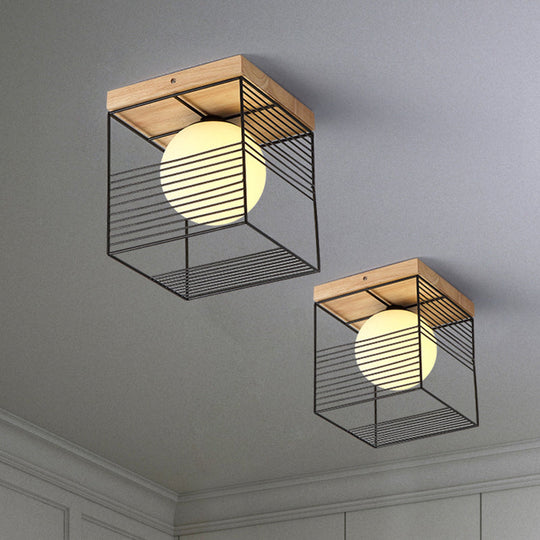 Minimalist Nordic Cage Ceiling Light with Glass Shade and Wood Canopy - Black/White Cubic Iron Flush Mount Lamp
