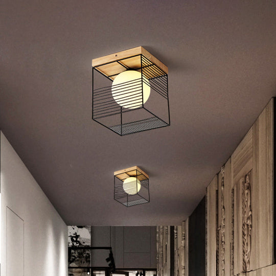 Nordic Style Black/White Cubic Ceiling Lamp With Inner Ball Glass Shade And Wood Canopy