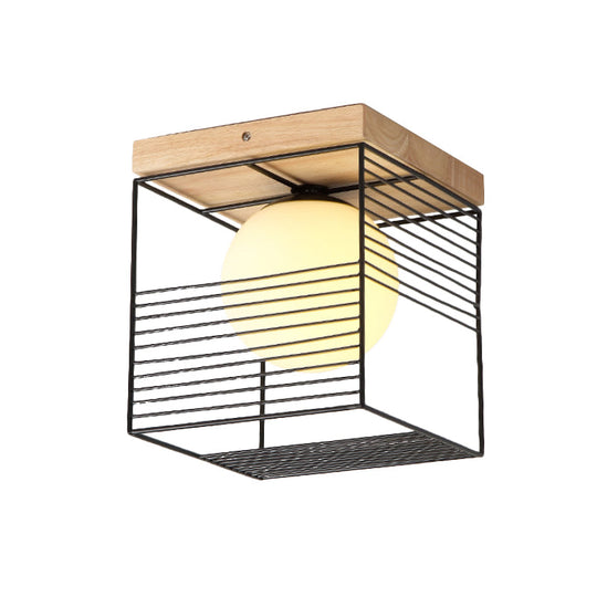 Minimalist Nordic Cage Ceiling Light With Glass Shade And Wood Canopy - Black/White Cubic Iron Flush