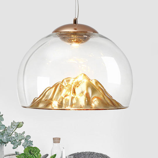Modern Gold LED Pendant Light with Clear Glass Hemisphere and Lava Bottom, Warm/White Light