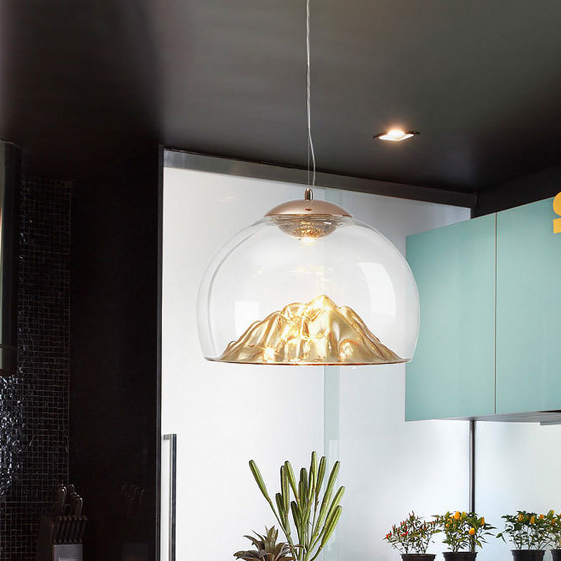 Modern Gold LED Pendant Light with Clear Glass Hemisphere and Lava Bottom, Warm/White Light
