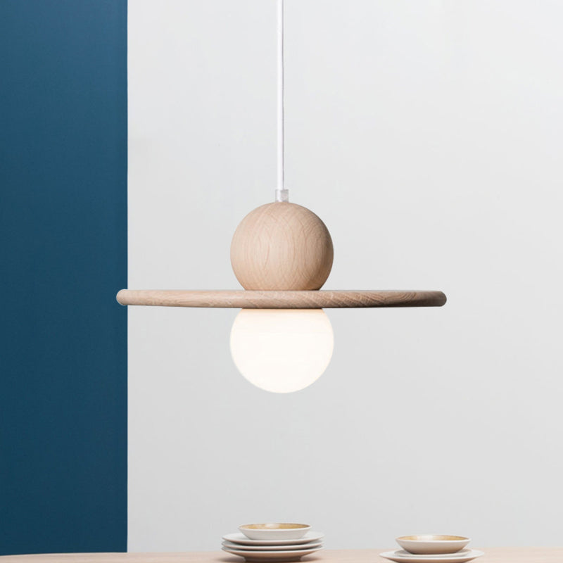 Minimalist Wood Plate Pendant Light - Single Head Beige Lamp for Dining Room