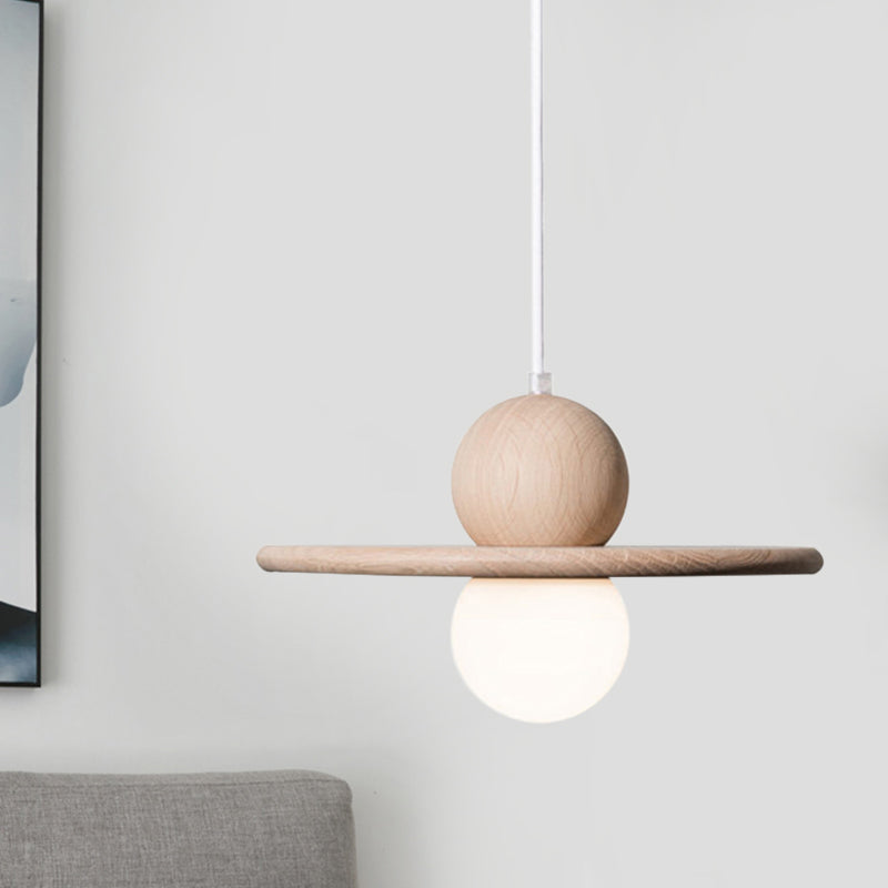 Minimalist Wood Plate Pendant Ceiling Light - Single Head Beige Hanging Lamp For Dining Room