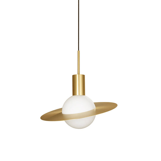 Gold Planetoid Pendant Light With Opaline Glass Shade - Postmodern Ceiling Fixture For Table