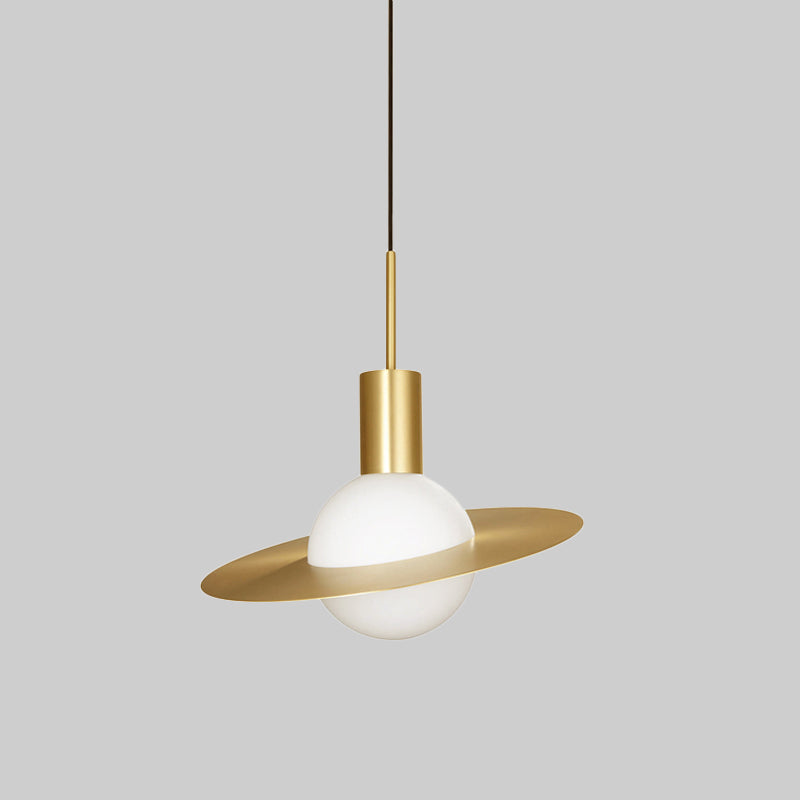 Gold Planetoid Hanging Light - Postmodern Opaline Glass Pendant for Table