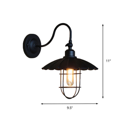 Nautical Scalloped Metal Sconce Light With Cage Shade - Wall Mounted Bedroom Lighting In Black