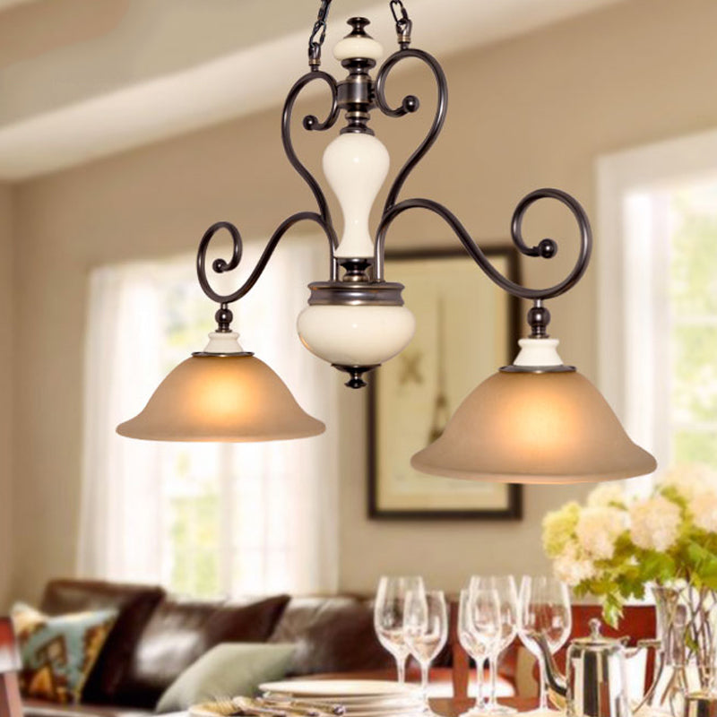 Modern Countryside Style Chandelier Light - White Glass Black Island Lamp With Flared 2 Heads And