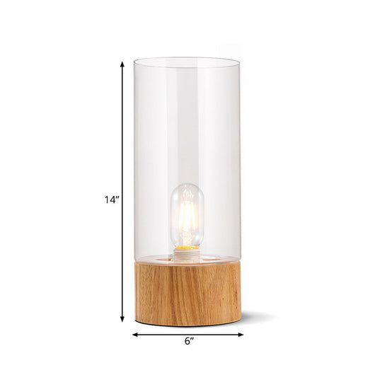 Farmhouse Style Clear Glass Nightstand Lamp - Cylinder Shape With Wood Base