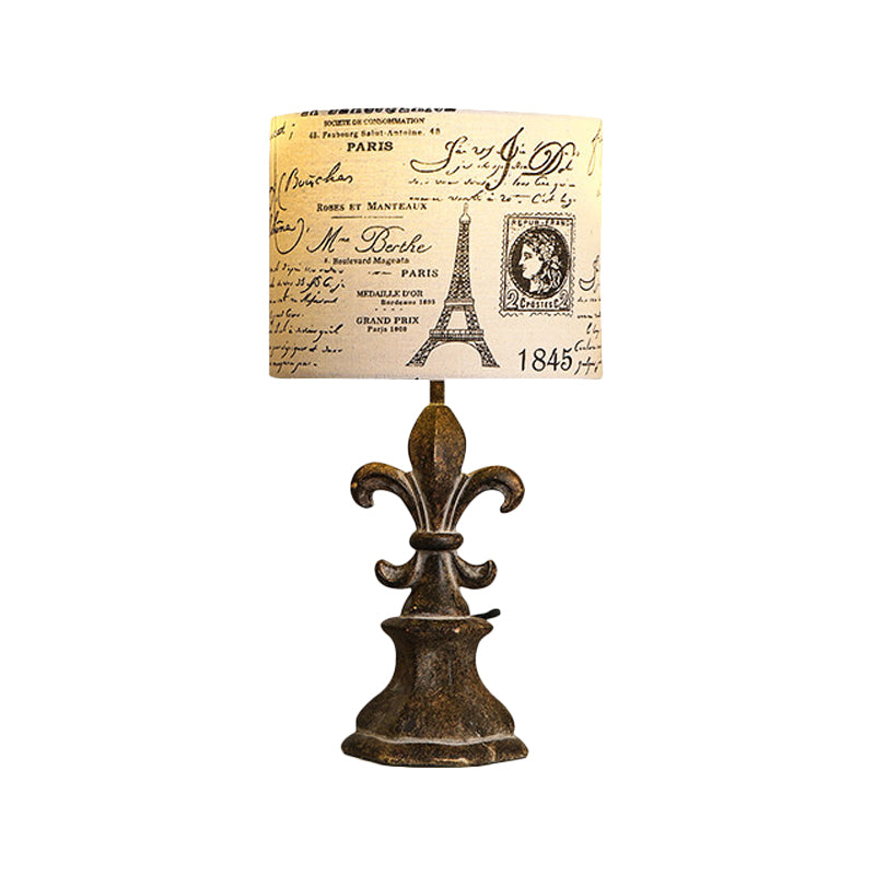 Drum Living Room Table Light: Country Fabric 1-Light Beige Script Print Desk Lamp With Resin Etched