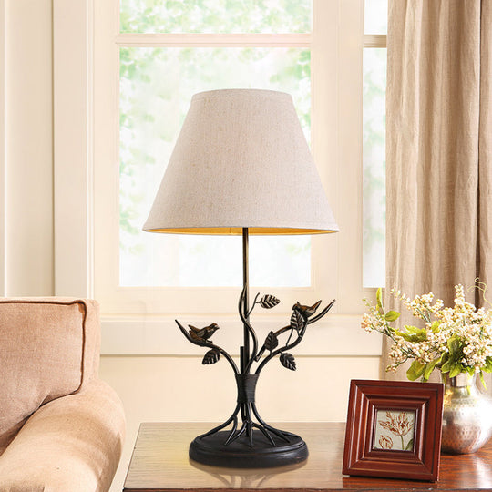 Vintage Tapered Fabric Table Light With Branch Design - White 1 Head Nightstand Lighting For Living