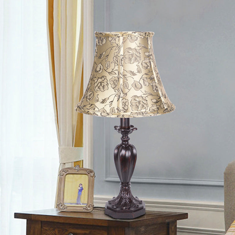 Beige Nightstand Lamp With Bell Shade - Antique Flower Pattern Resin Font Design