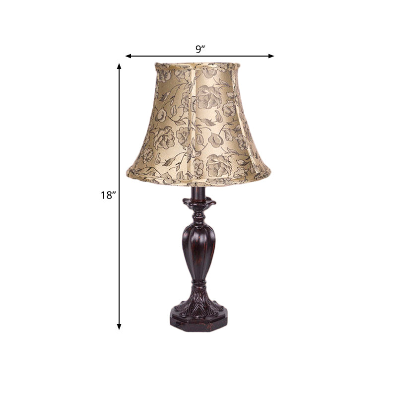 Beige Nightstand Lamp With Bell Shade - Antique Flower Pattern Resin Font Design