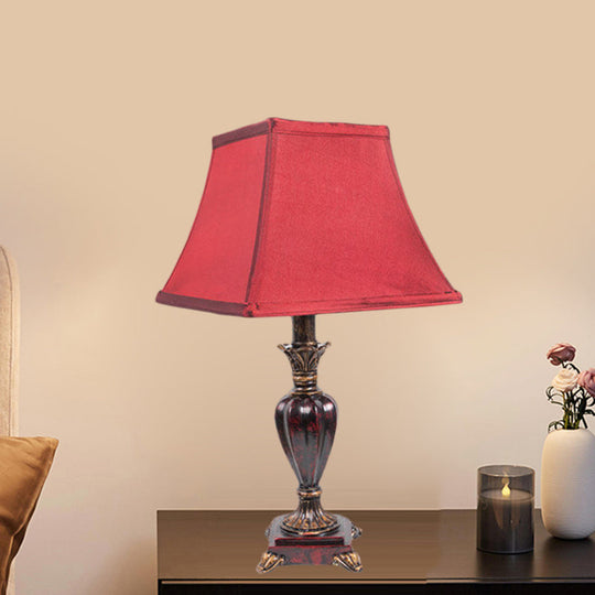 Red Country Pagoda Bedside Table Lamp With 1 Bulb Fabric Shade & Resin Base