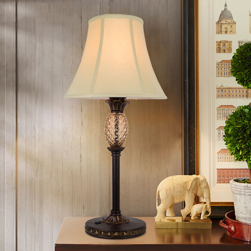 Panel Paneled Bell Night Lamp: Traditional Beige Fabric Nightstand Light With Pineapple Deco