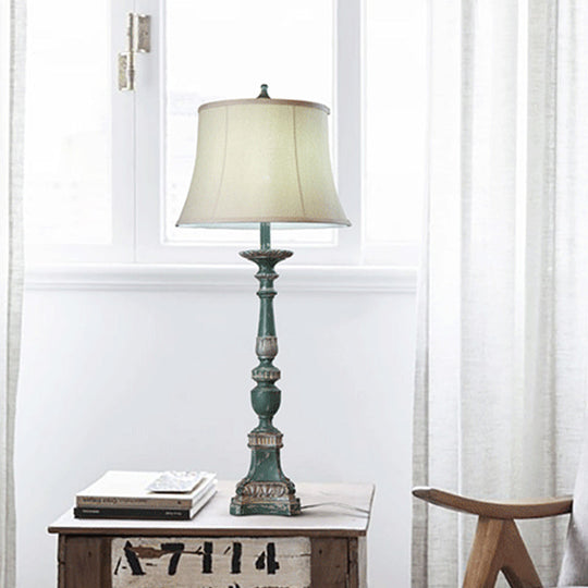 Vintage White Bell Shade Table Lamp With Resin Base - 1-Light Bedroom Nightstand Accent Light