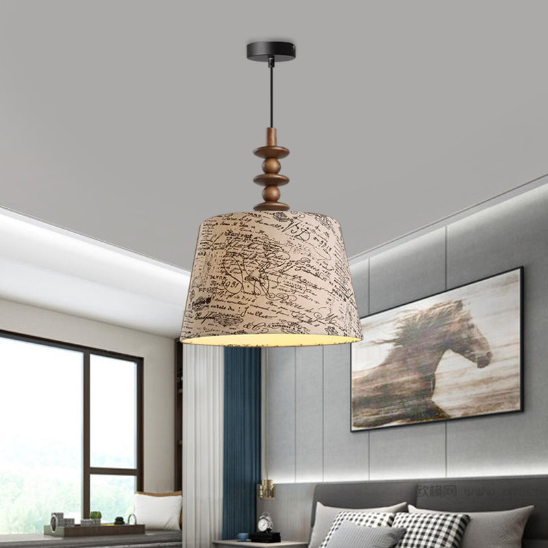 Suspended Countryside Fabric Pendant Light In White With Conical Script Print - Dining Room / C